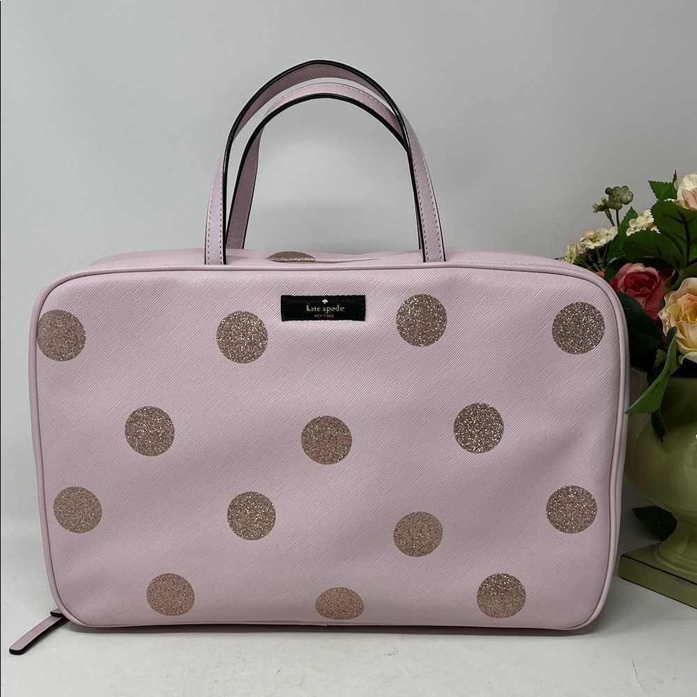 kate spade Pink Cosmetic Case with Gold Glitter Polka Dots